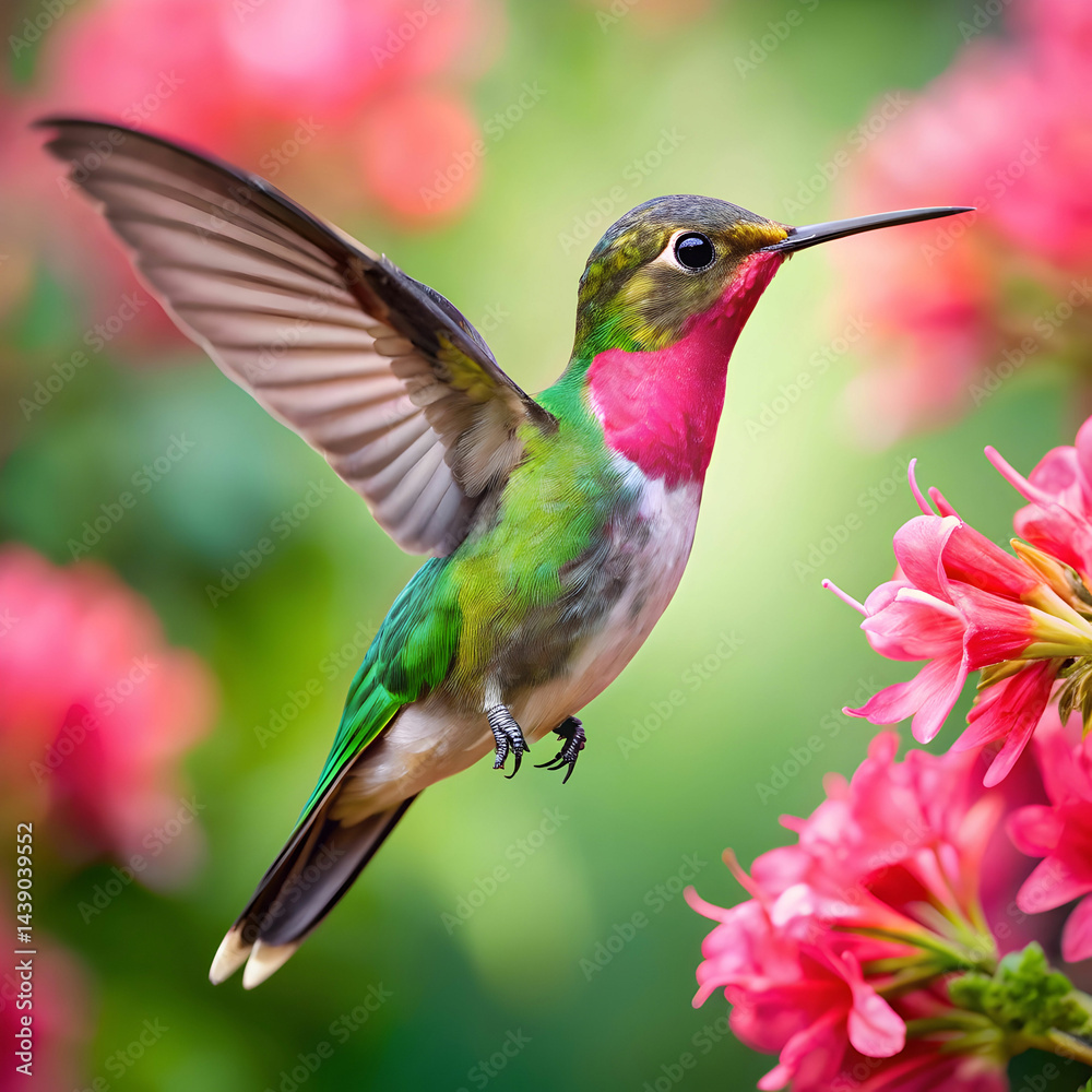 Fototapeta premium a hummingbird with a green head and pink