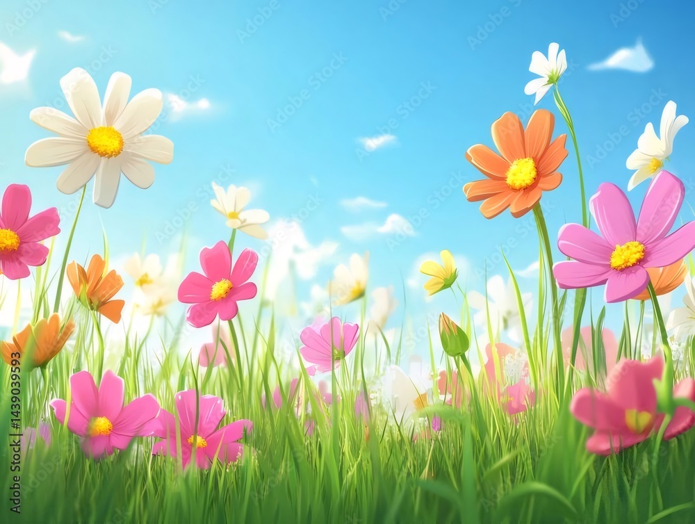 青い空と緑の草地 背景に咲く色とりどりの花のクローズアップ 自然の風景 鮮やかな色彩のイラスト 青い空と緑の草地 背景に咲く色とりどりの花のクローズアップ 自然の風景 鮮やかな色彩のイラスト