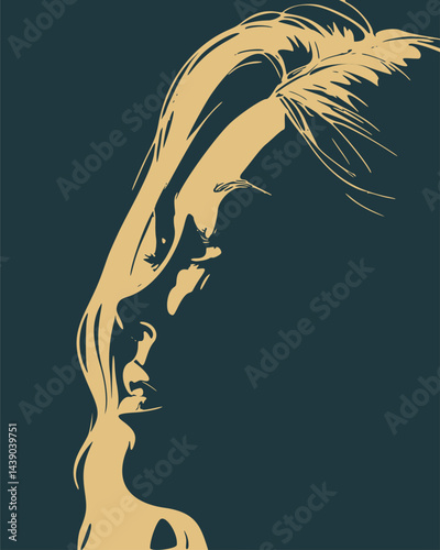 Young woman face side view in low key style. Elegant silhouette of a female head.