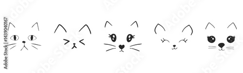 Cute animal faces, pet comic doodle with expressions. Set heads with delicious lick tongue, mouth, adorable emotions. Comic cartoon or kawaii fanny pet