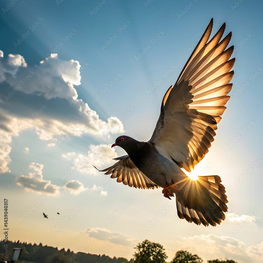 Obraz premium a pigeon flying in the air with the sun shining