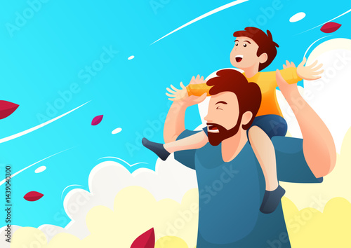 Happy father carrying son on shoulders under blue sky with clouds, celebrating joyful family moment, Father’s Day illustration.