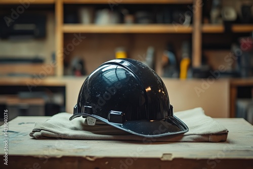Dark safety helmet rests on worktable in a workshop.