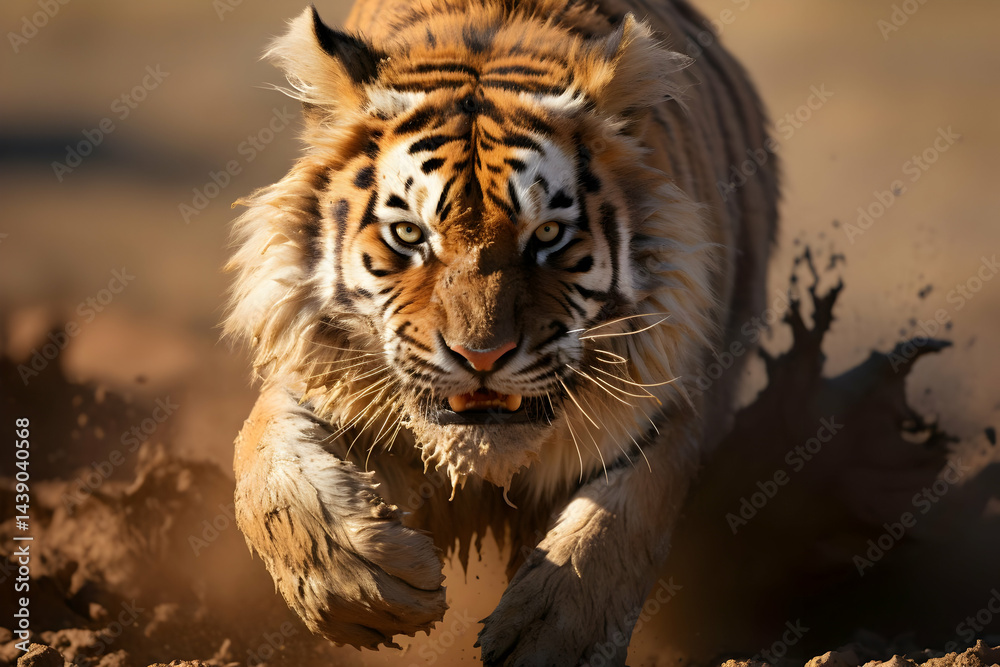 Powerful Tiger Leaping Through Dusty Ground