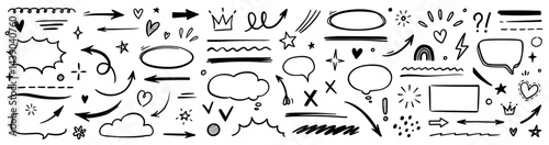 Line hand drawn brush marker arrow, heart shape element set. Hand drawn sketch marker underline shape, arrow, star marker brush pen stroke icon heart element. Vector illustration