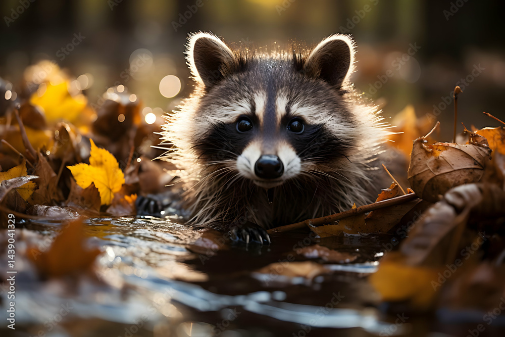 Raccoon in Autumn Leaves near Forest Water