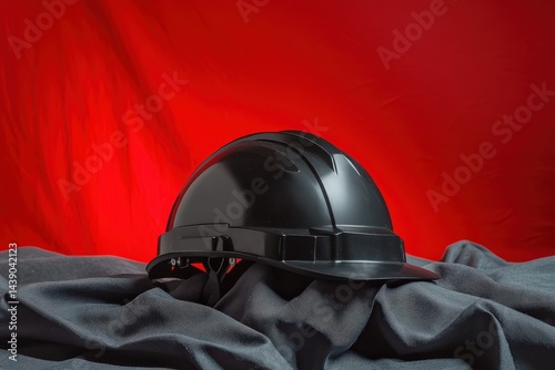 Dark safety helmet resting atop draped fabric. photo