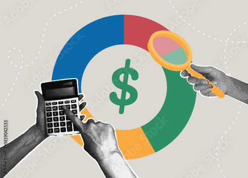Trendy halftone collage. Financial analysis and budgeting. Concept of calculating the balance of expenses and income, analyzing income, debts and investments, money management.