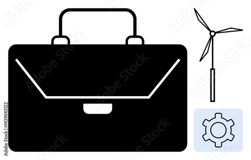 Black briefcase representing professional work alongside a wind turbine and gear icon. Ideal for business, sustainability, innovation, technology, eco-friendly concepts, progress, or a simple landing