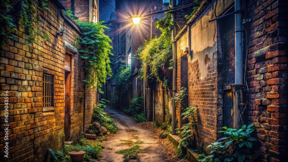 Fototapeta premium Narrow alleyway in a slum with crumbling brick walls and overgrown vegetation, dimly lit by a single flickering streetlight, urban neglect, dim lighting