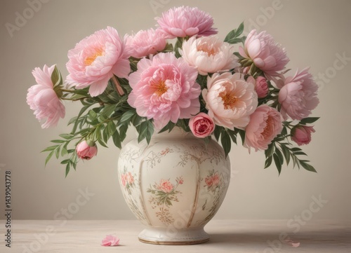 Wallpaper Mural Delicate watercolor peonies & roses in a vintage style vase , art, painted Torontodigital.ca