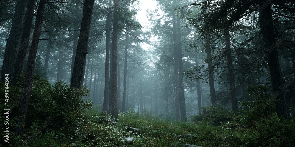 Fototapeta premium Misty Forest Environment with Dense Fog and Tall Trees Creating a Mysterious Atmosphere in Nature s Calm and Serene Setting