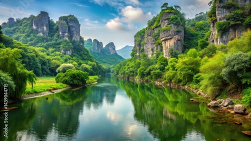 Serene Winding River with Lush Greenery and Rocky Outcrops, scenic , greenery,  scenic