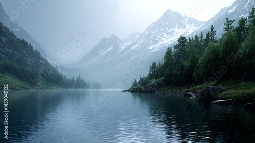 Rain Falling on Calm Lake Surrounded by Snowy Mountains and Trees