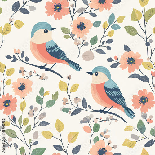 Vector illustration of a seamless floral pattern with cute birds in spring for Wedding, anniversary, birthday and party. Design for banner, poster, card, invitation and scrapbook