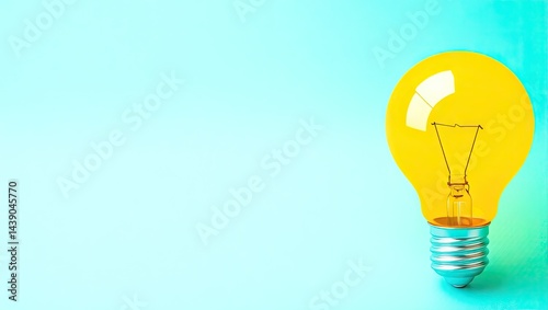 Glowing yellow lightbulb on a light blue background