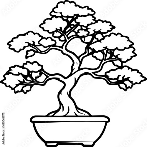 bonsai tree outline vector illustration line art, coloring book page line art drawing