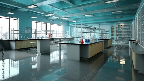 Modern, well-lit laboratory interior with teal accents.