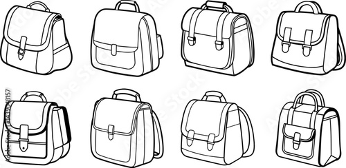 Set of school bag outline vector illustration line art, coloring book page line art drawing