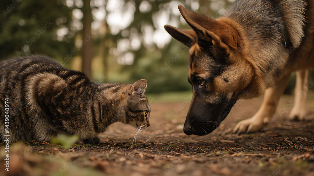 Obraz premium A curious cat and a focused dog explore a forest floor, surrounded by greenery and tranquility