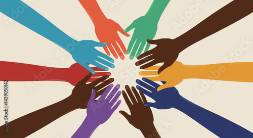  Colorful Hands Joining in Unity – Vibrant Graphic Illustration of Teamwork and Multicultural Solidarity