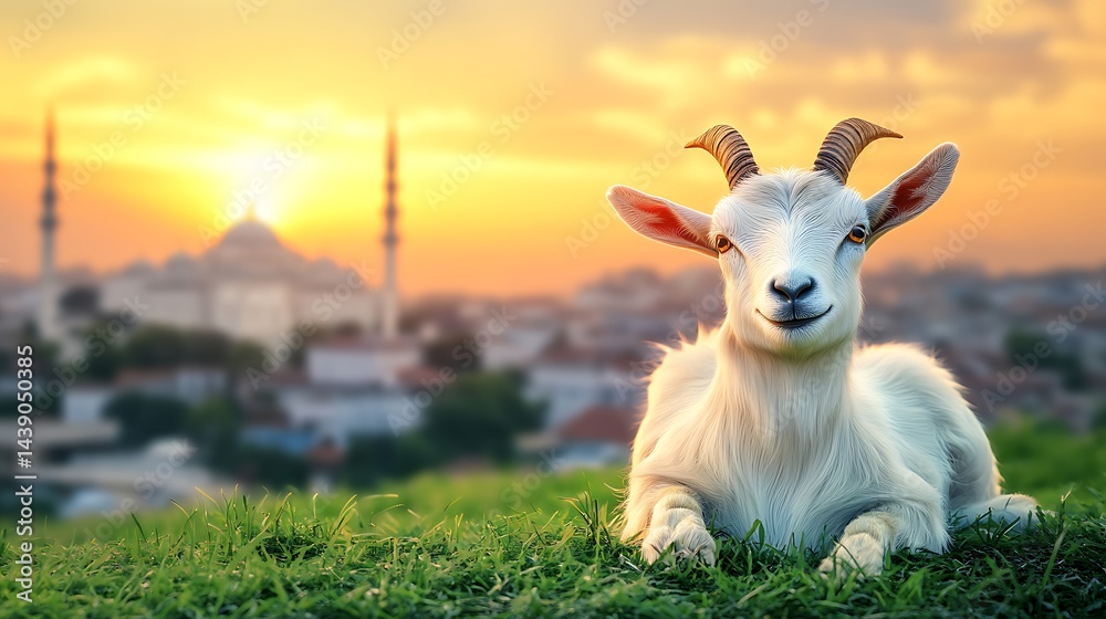 Obraz premium Goat Relaxing with Mosque Silhouette at Sunset during Eid al-Adha