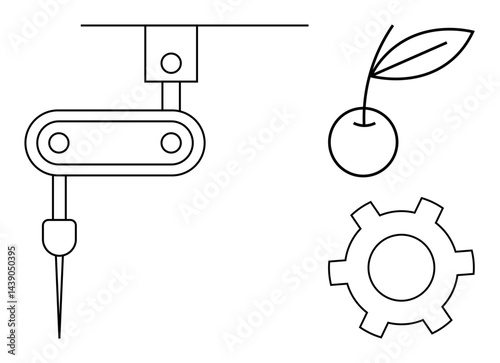 Robotic arm with precision tool, cherry with leaf, and gear. Ideal for technology, automation, manufacturing, agriculture, sustainability, innovation and a simple landing page