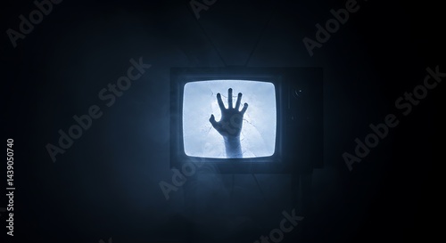 Horror photo of an old black scary haunted tv set with ghost hand on a screen, standing on dark foggy background.