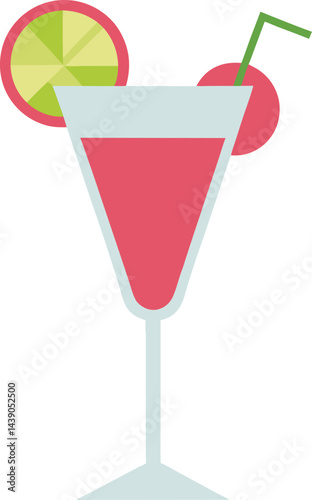 Colorful line art of a tropical drink in a margarita glass with lime , in a minimalist style on transparent background.