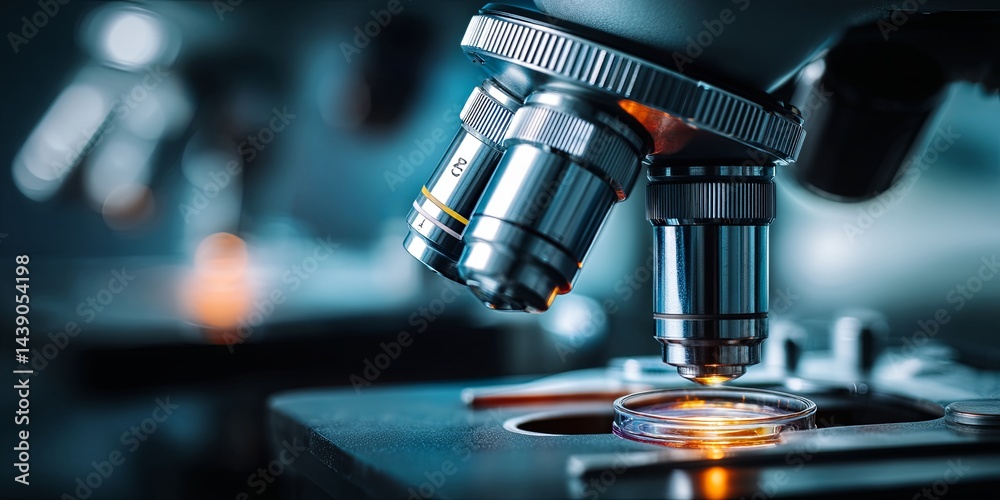Close-Up of a Modern Microscope with Multiple Lenses Focused on a Sample Slide in a Laboratory Setting, Blue Lighting Enhancing the Scientific Atmosphere Close-Up of a Modern Microscope with Multiple Lenses Focused on a Sample Slide in a Laboratory Setting, Blue Lighting Enhancing the Scientific Atmosphere