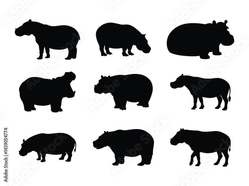 Hippopotamus black silhouette collection.