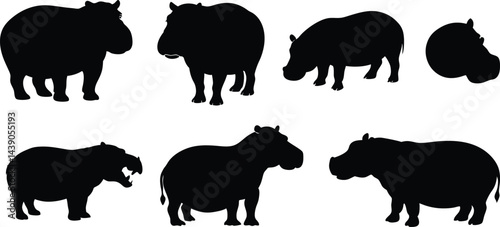 Hippopotamus black silhouette collection.
