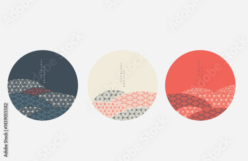 Set of geometric modern graphic elements vector in Japanese style. Asian icons and symbol with Japanese pattern. Abstract banners with template for logo design, flyer or presentation in vintage style.