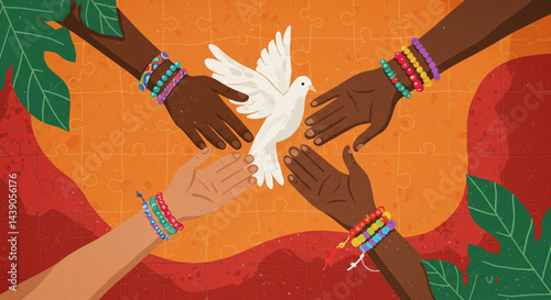  Unity in Diversity – Hands Joining as Puzzle Pieces in Vibrant Peace and Harmony Illustration