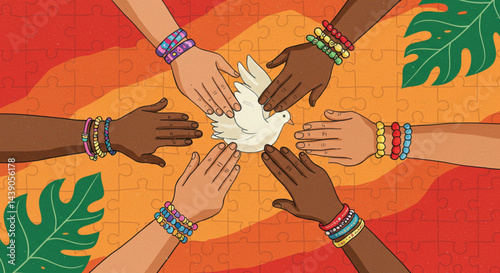  Unity in Diversity – Hands Joining as Puzzle Pieces in Vibrant Peace and Harmony Illustration