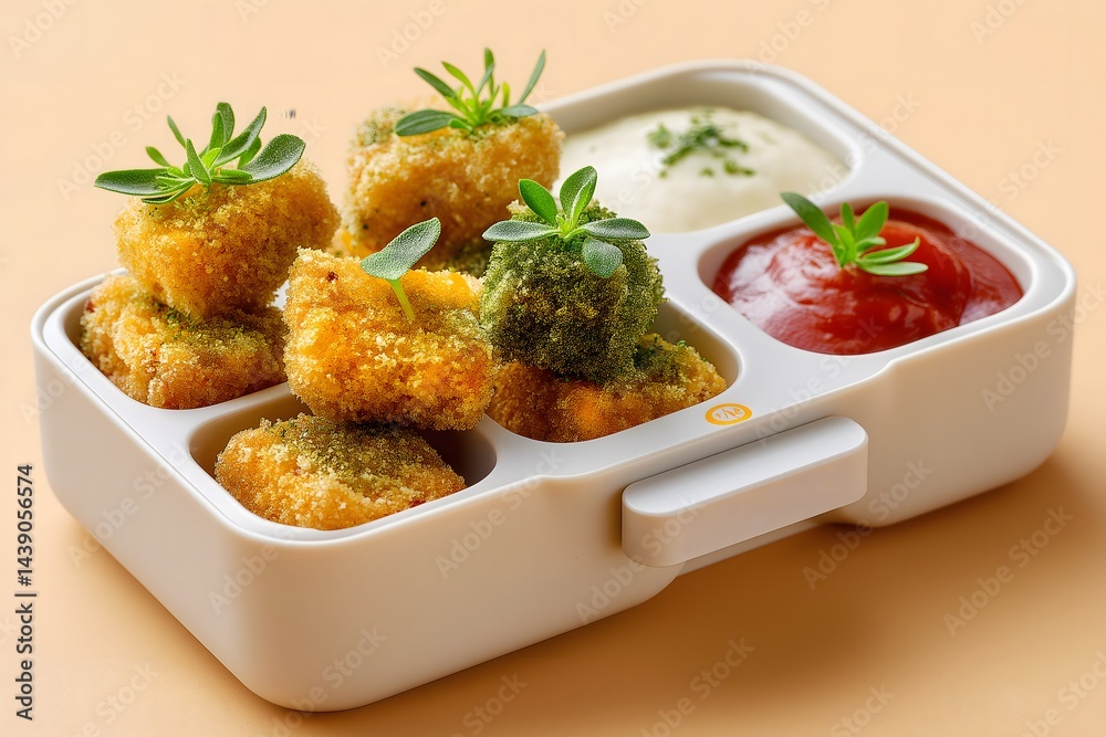Generation Alpha food menu: Future Nugget Box – 3D-printed plant-based nuggets with AI-chosen dips. Generation Alpha food menu: Future Nugget Box – 3D-printed plant-based nuggets with AI-chosen dips.