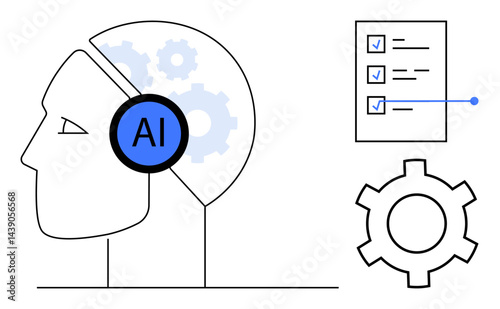 Human profile with AI label, gears symbolizing artificial intelligence, checklist for tasks. Ideal for automation, innovation, technology, productivity, AI learning, tech management simple landing