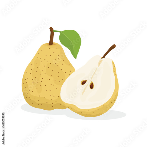 Fresh yellow pear fruit and half pear on white background