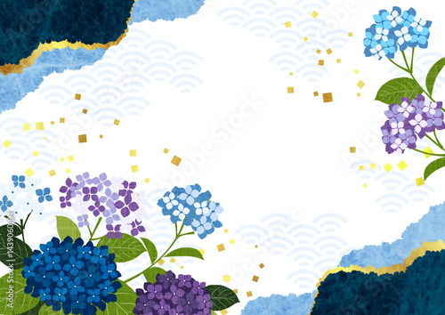 和風、あじさい、背景、青、かわいい、イラスト、梅雨、横、紙継