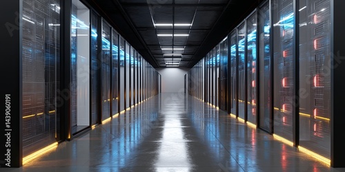 Modern Data Center Corridor with Rows of High-Tech Servers and LED Lights Featuring Advanced Technology and Innovative Architecture Elements