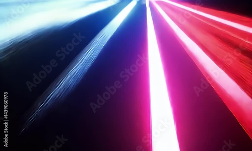  A dynamic and energetic video background with red, white, and blue laser beams moving quickly from left to right. The light streaks form lines of different sizes and shapes, 