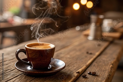 Umber color background, Steaming espresso on a rustic brown background featuring umber and chestnut tones.