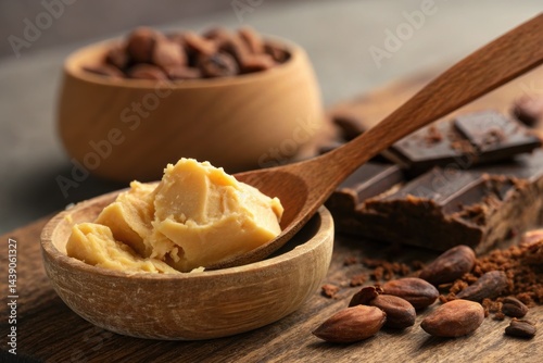 Umber color background, Rich umber background featuring cocoa butter being scooped with a wooden utensil.