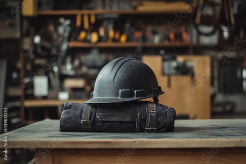 Safety equipment resting on a worktable in a workshop.