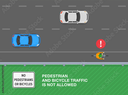 Safe driving tips and traffic regulation rules. No pedestrians or bicycles sign. Top view of a traffic flow and cyclist riding a bicycle on highway shoulder. Flat vector illustration template.