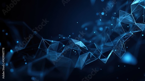 Abstract Technology Background with Flowing Blue Particles and Triangular Geometric Shapes in Dark Environment