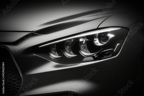 Modern car headlight of black car in the dark