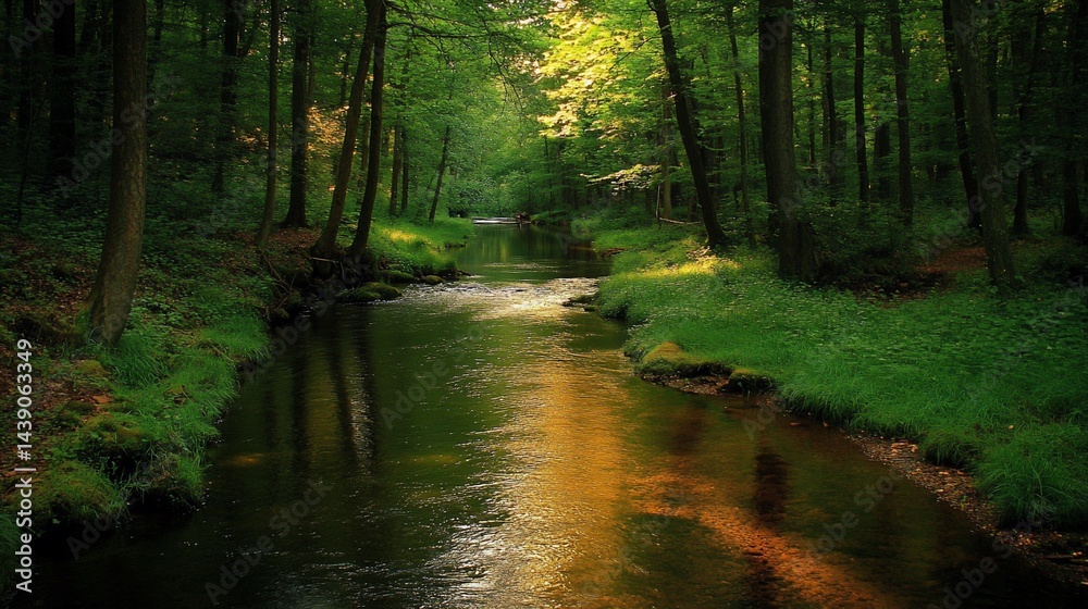 Fototapeta premium Sunlight streams through a tranquil forest stream. Lush greenery surrounds the waterway