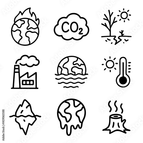 A cute doodle icon set highlighting climate change issues like global warming, pollution, deforestation, melting ice, and rising temperatures