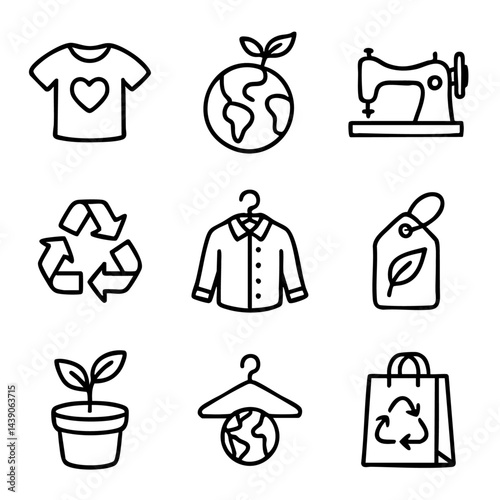 A cute doodle icon set featuring sustainable fashion, eco-friendly clothing, recycling, ethical production, and green lifestyle concepts
